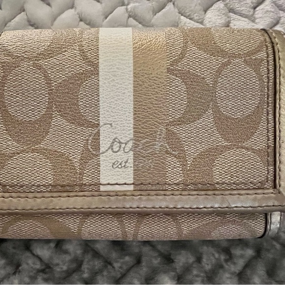 Coach Handbags - Coach Tan & Gold Canvas & Leather Trim Signature Wallet.